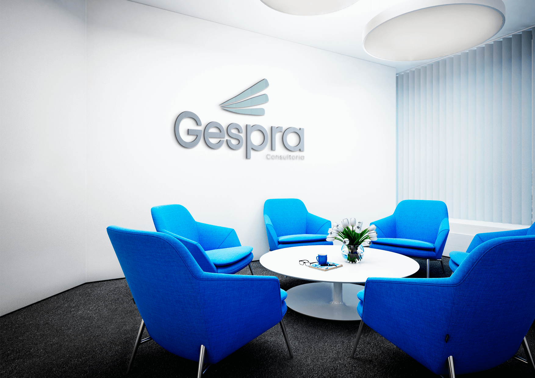 Mockup da identidade visual Gespra Consultoria aplicado em ambiente corporativo